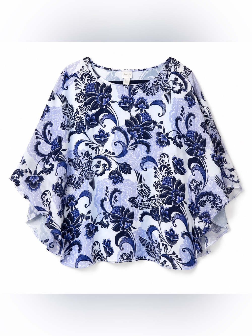 Chico’s Blue White Floral Paisley Poncho Blouse S/M Boho Resort Top